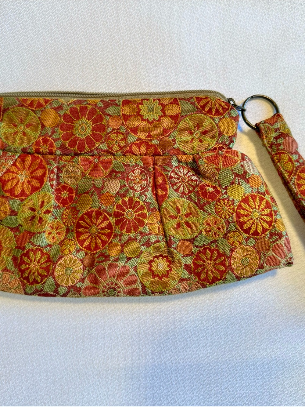Maruca Handmade Wristlet Clutch in Red and Gold Floral Jacquard